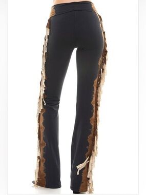 T party Fringe-Trim Black and Brown Women's Stretch Tye Dye Fringe Pants